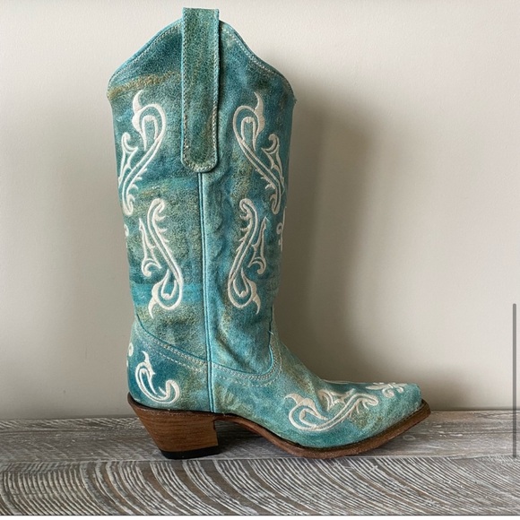 Corral-Turquoise Cortez/Cream Aged Leather Snip Toe Western Boots (Size:7.5) - Picture 6 of 11
